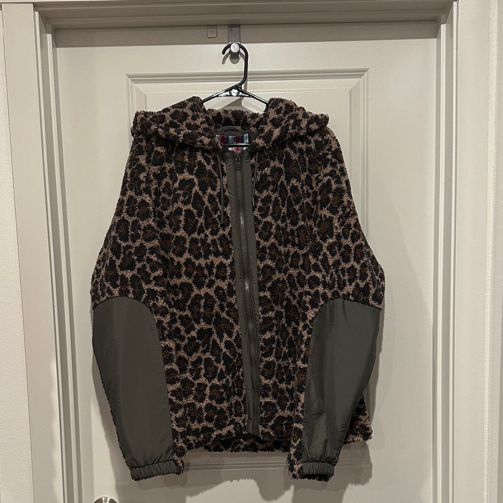 Leopard Print Fleece Jacket with Green Accents